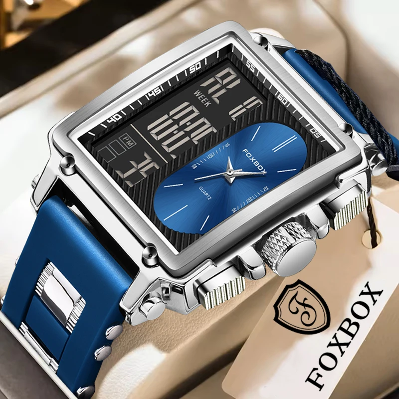 FOXBOX Men Watch Fashion Military Square Electronic Wristwatches For Men Waterproof Luminous LED Alarm Chronograph Montre Homme