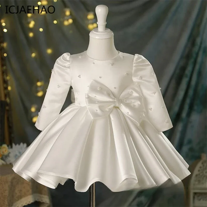 ICJAEHAO Baby Girl 1st Birthday Outfit Party And Wedding Gowns Clothes Pearl Long Sleeve Baby Baptism Bow Tutu Princess Dress