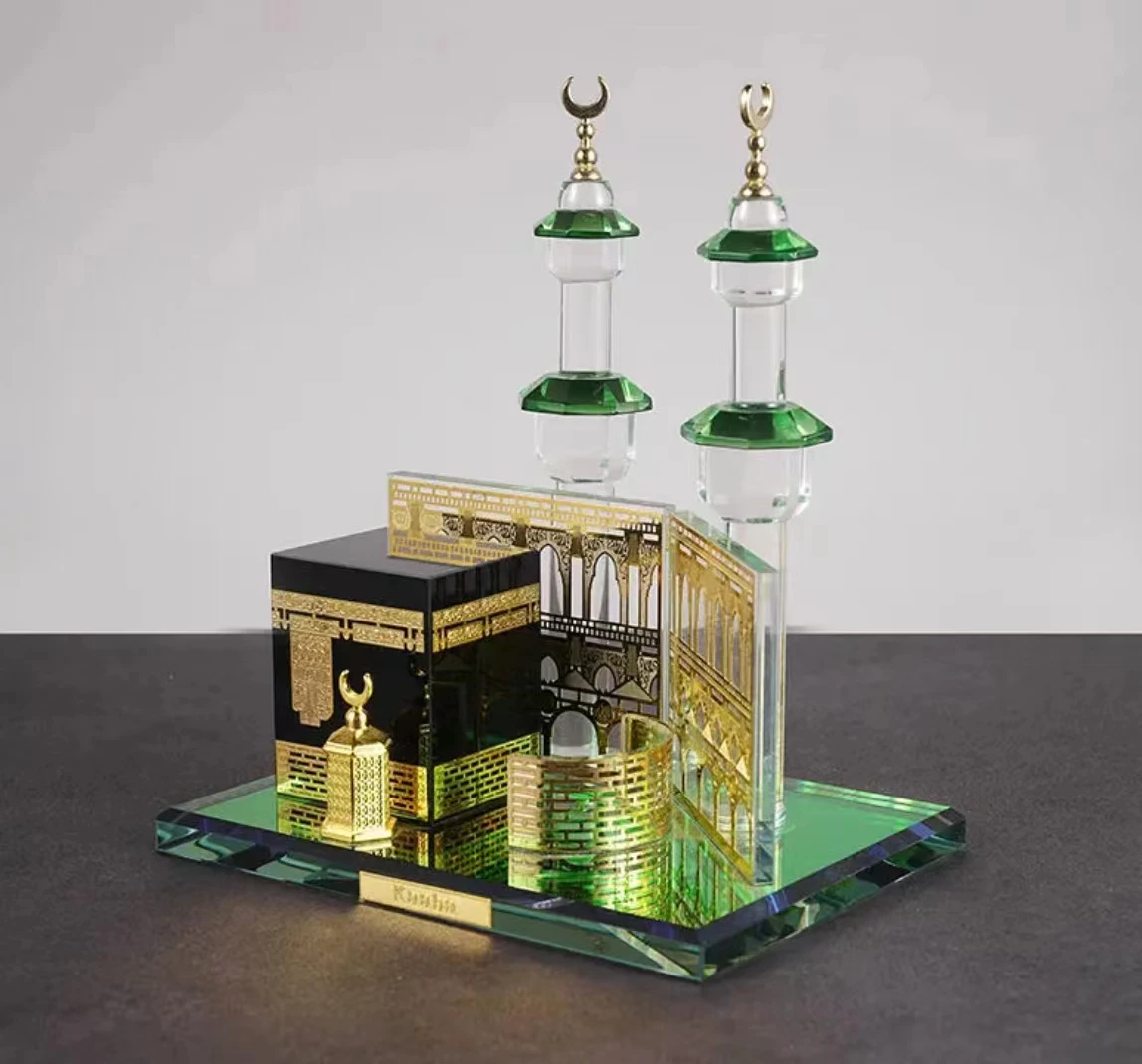 Small Transparent Crystal Ornament with Double Pillars for Muslim Ramadan and Eid al-Fitr, Mini Religious Decor for Car & Desk