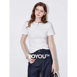 TOYOUTH Women Short Sleeve T-shirt 2025 Spring New Lyocell Round Neck Slim Fit Versatile Short White Tops