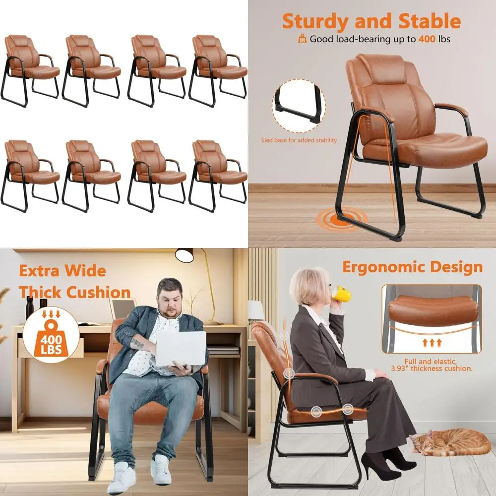 

500 lb Capacity Big & Tall PU Leather Office Chairs, Sled Base, 8-Pack Brown for Home or Office