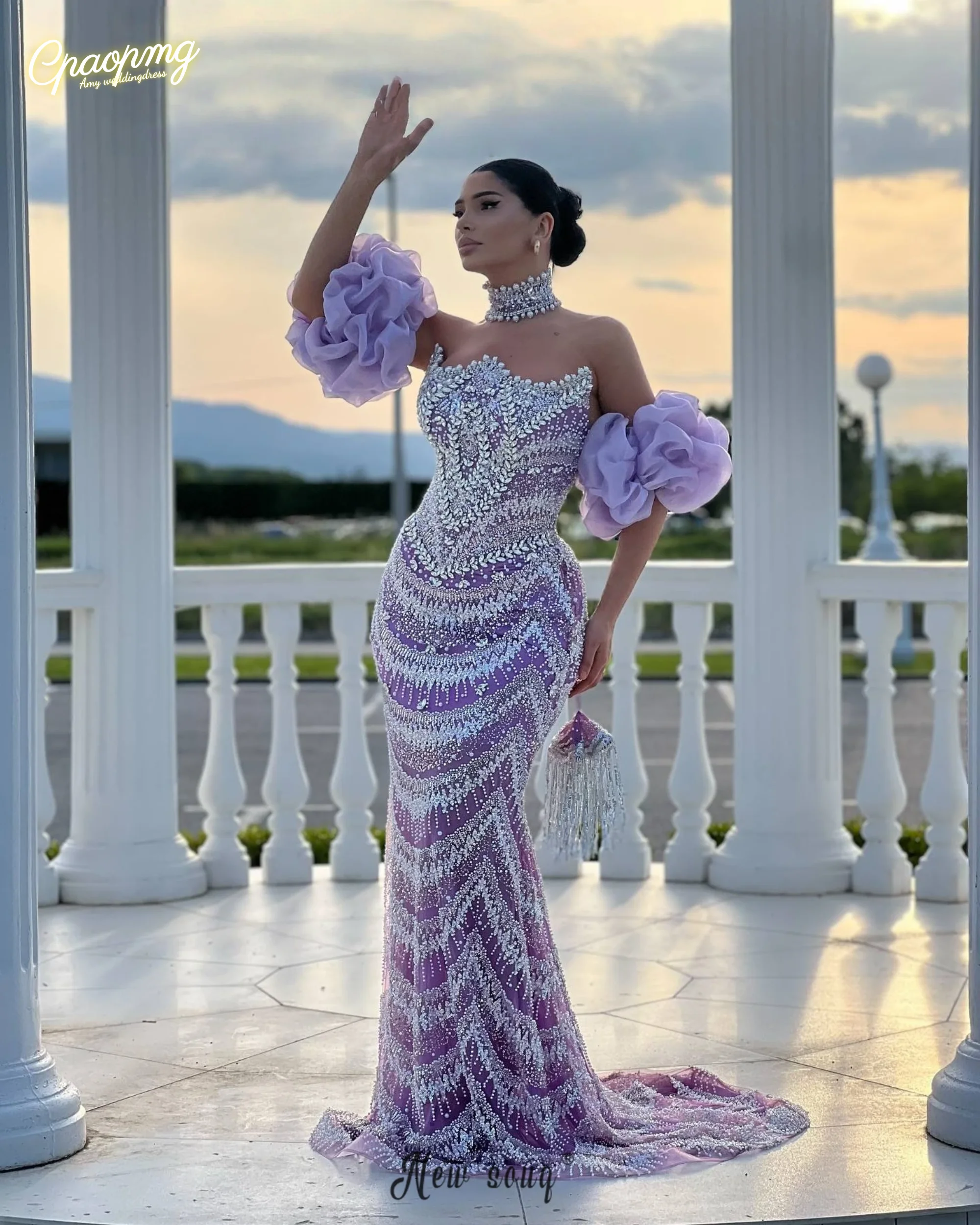 

Customized Glamorous Lilac Prom Dresses Luxury Formal Party Occasion Gowns Beading Dress For Wedding Women Reception Gowns
