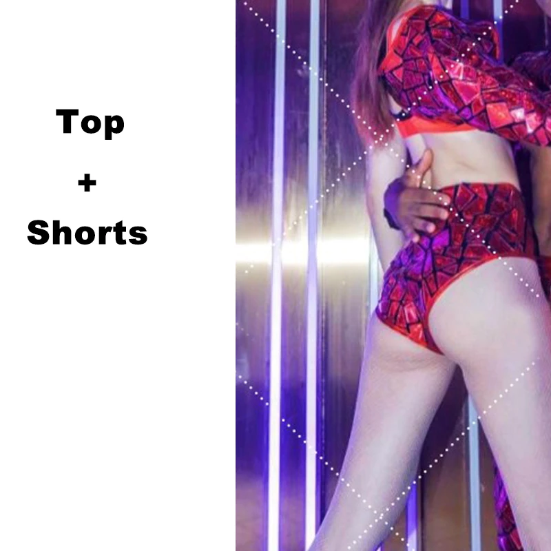 새로운 섹시 폴 댄스 의류 레드 미러 탑 바지 남성 고고 댄서 복장 여성 나이트 클럽 Dj Ds 무대 쇼 레이브 의류 세트