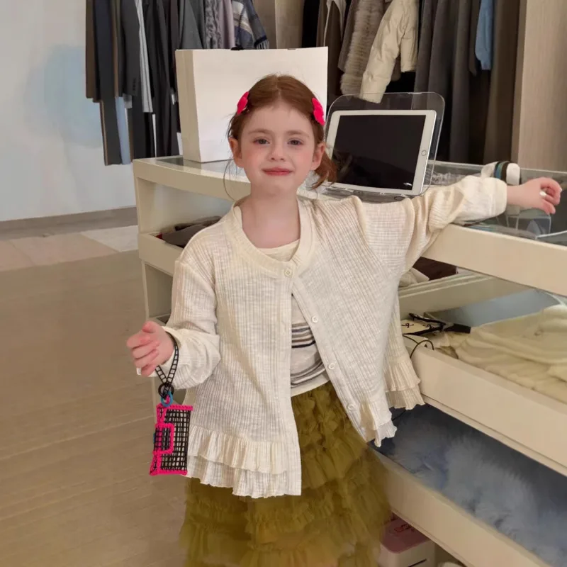 

Новая коллекция Весна-Лето 2026: Легкий вязаный кардиган для девочек, защита от солнца, топ с длинным рукавом, для детей 2-13 лет, комплект для малышей
