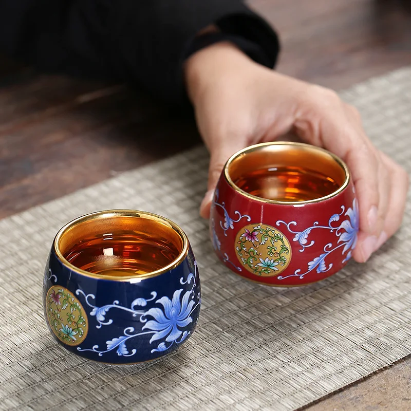 

|luxury enamel color Kung Fu tea cup set pure gold gilded master tea cup to cup handmade high-grade tea set single cup