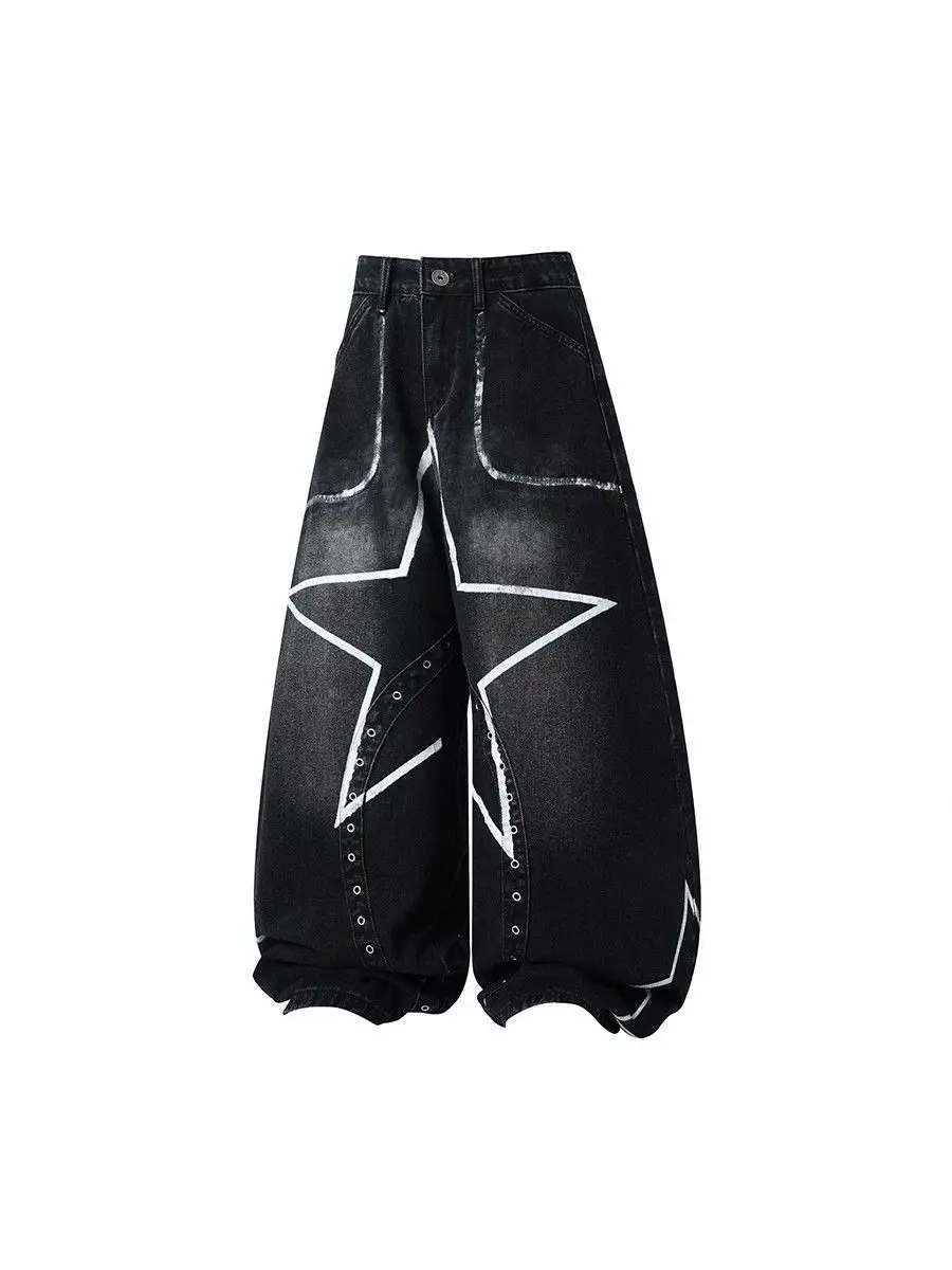 American Five-pointed Graffiti Jeans Men Women Summer High Street Joker Loose Wide-leg Pants Casual Wide-leg Mop Pants