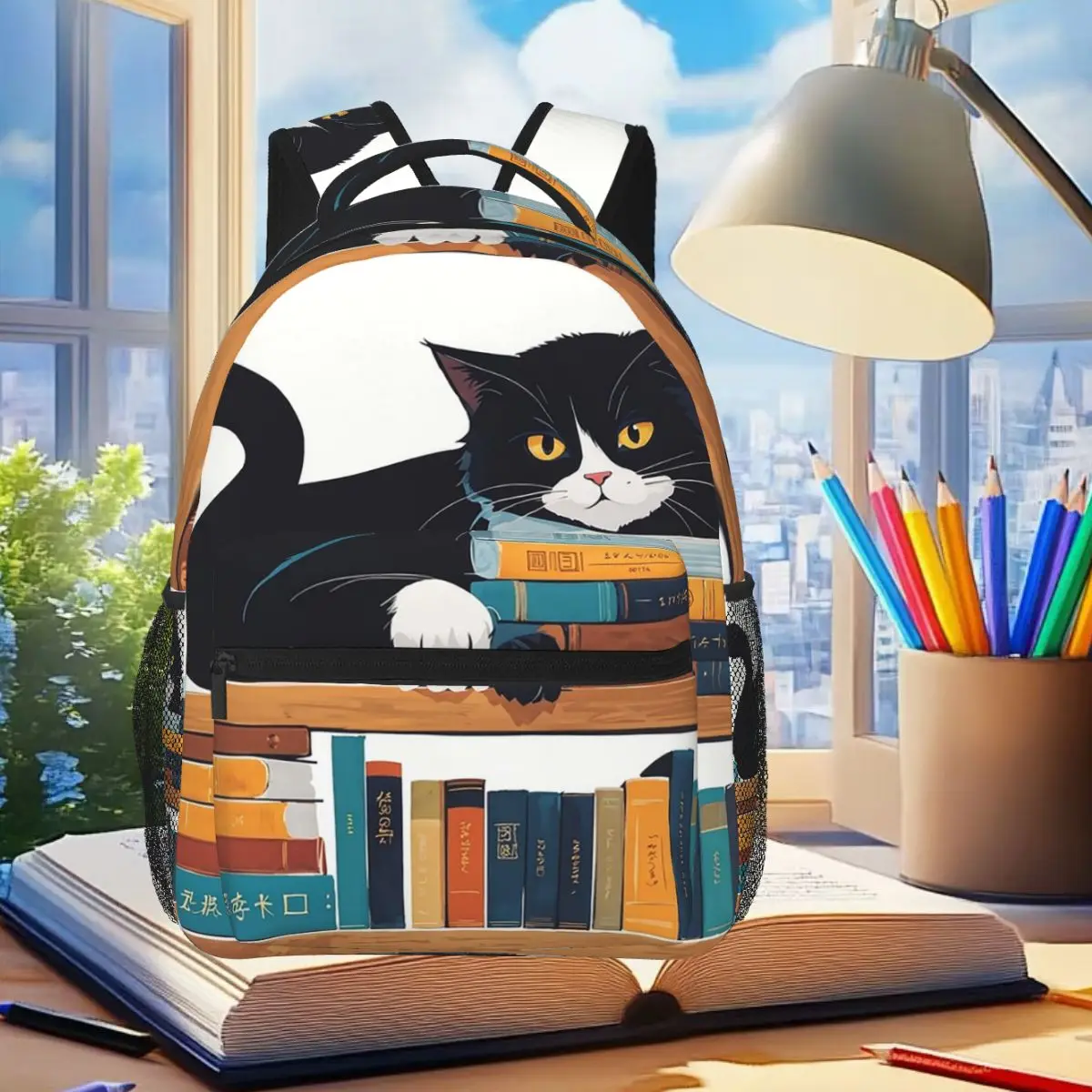 

Милый смокинг, рюкзак с котом и книжным магазином, студенческая сумка для книг для мальчиков и девочек, детская школьная сумка, компьютерные сумки на плечо для мужчин и женщин