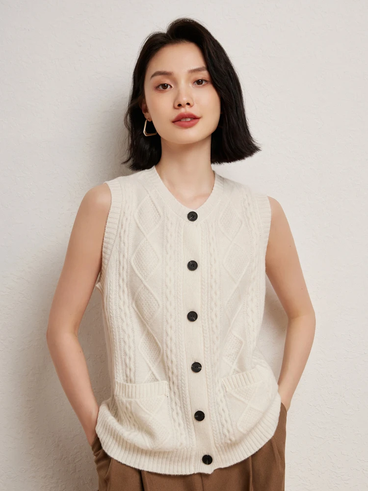 New Chic Women's 100% Cashmere Waistcoat Sleeveless Cardigan Simple Style Cashmere Knit Sweater Autumn Winter Korean Fashion Top