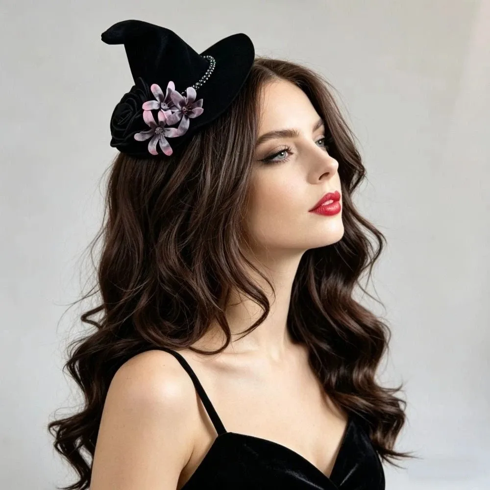 Headpiece Flower Witch Hat Hair Clip Skull Spider Headdress Halloween Hair Clip Dark Black Gothic Style Witch Hairpins Cosplay