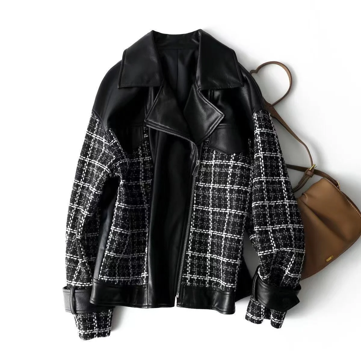 

Elegant PU Tweed Patchwork Jacket For Women Jacquard Plaid Leather Coat Female Fashion Casual Tops Ladies Chic Y2K Clothing