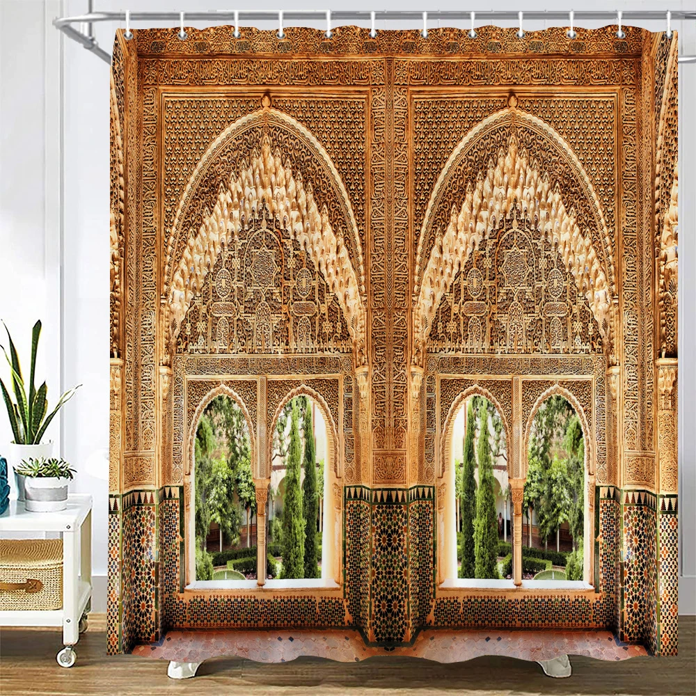 

Bathroom Waterproof Shower Curtain Polyester 3D Nordic Moroccan style Arch Landscape Printing Home Decoration Curtain with Hook