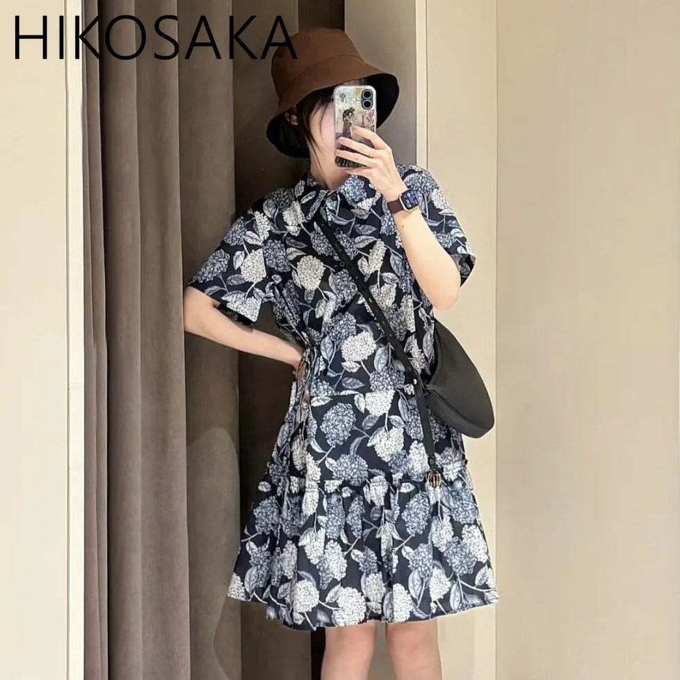 

Spring Summer Chic Vintage Print Dress Turn-down Collar Short Sleeve Pleated A-line Robe Japanese Elegant Casual Ropa Mujer