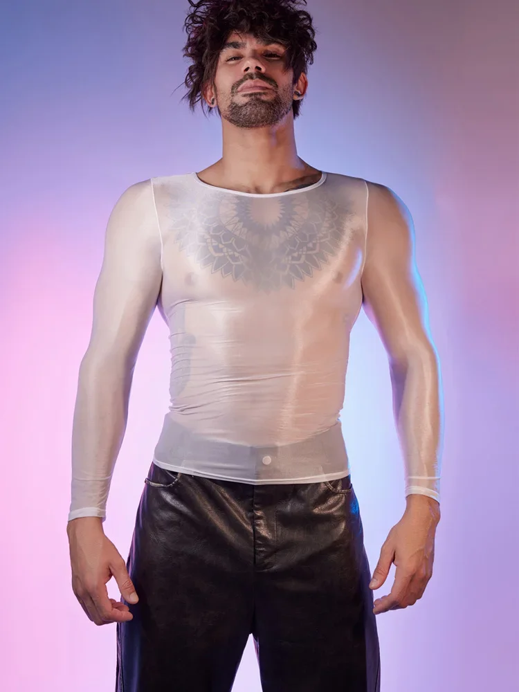 

Sexy Men Sheer See Through Long Sleeve T-shirt Oil Glossy Shiny Club Dance Top Stain Smooth Breathable Elastic Stage Wear