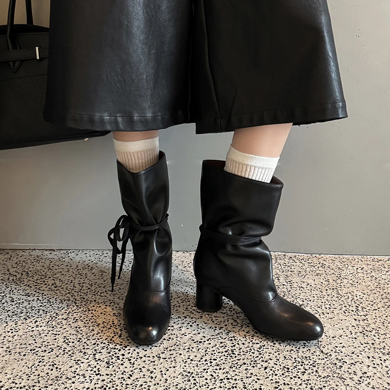 New 2027 Autumn Fashion Cowhide Ankle Strap Modern Boots Round Toe Slip-on Chunky Heels Mid-Calf Boots Large Size Women's Boots