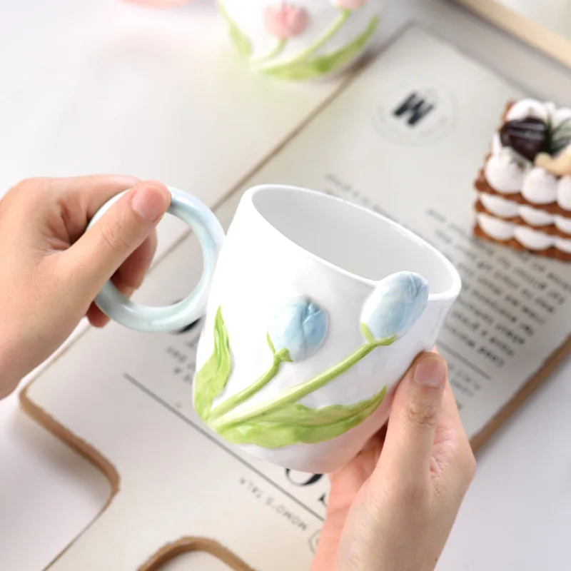 1pc tulipa flor cerâmica caneca design 3d criativo alívio menina coração xícara de café aniversário dia das mães presente para sua tarde xícara de