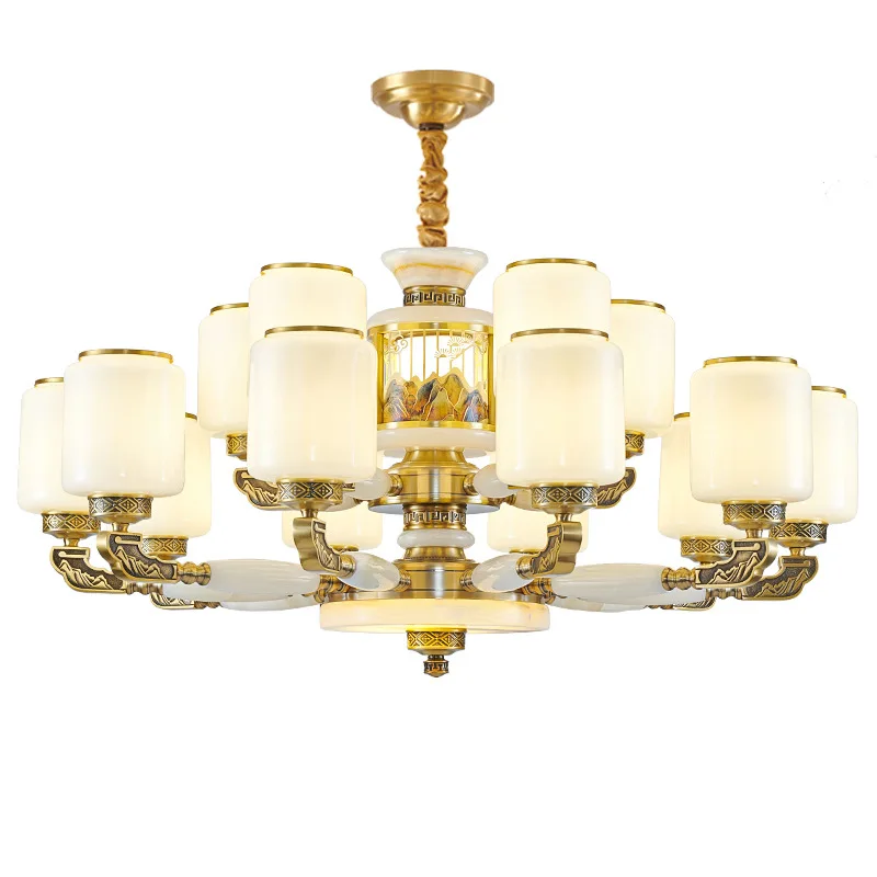 

New Chinese style, all copper and jade chandelier, living room lamp, villa duplex building