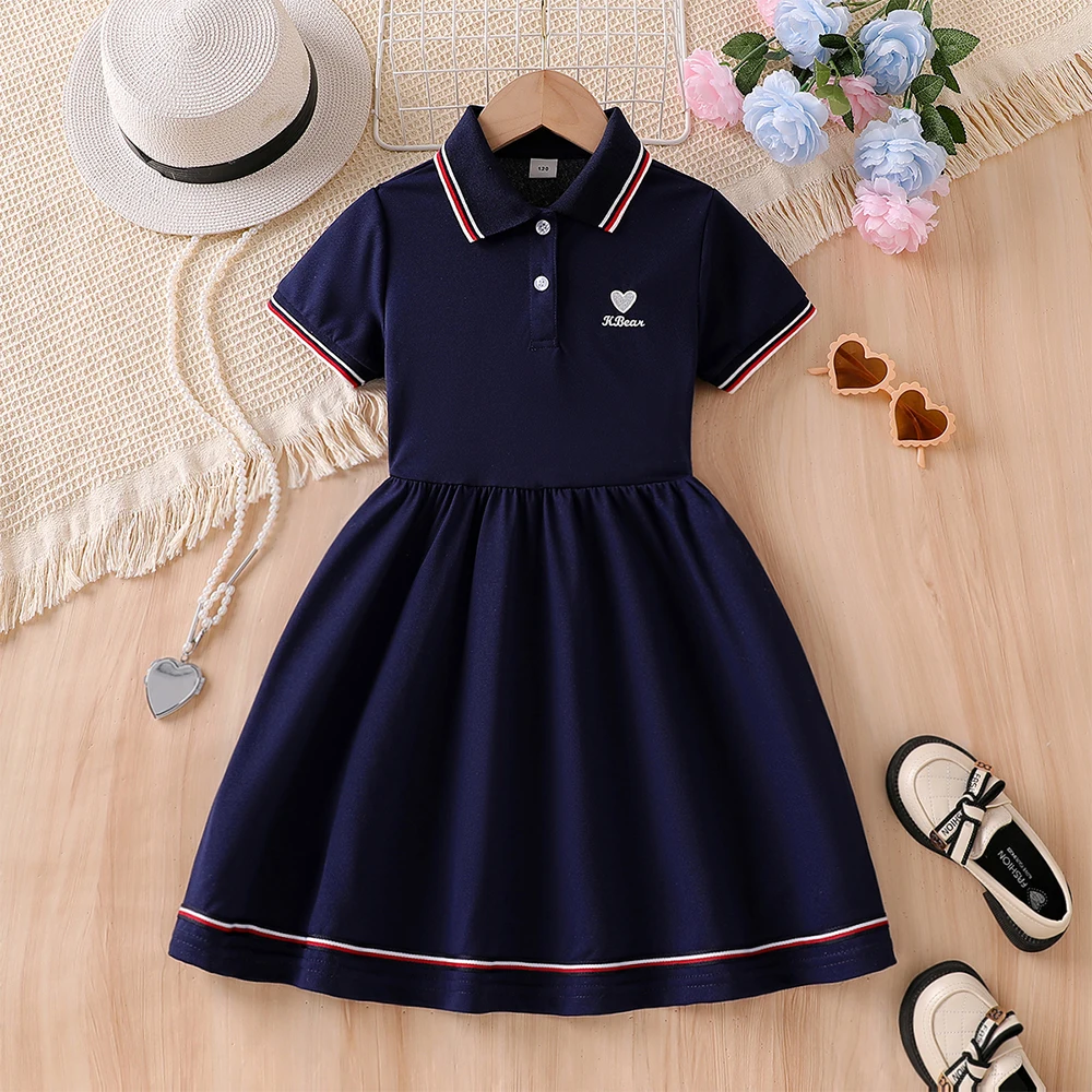 Kids Girls Polo Dress 5-12Y Summer Short Sleeve Preppy Style School Uniform Dress Navy Blue Casual A-Line Children Clothing