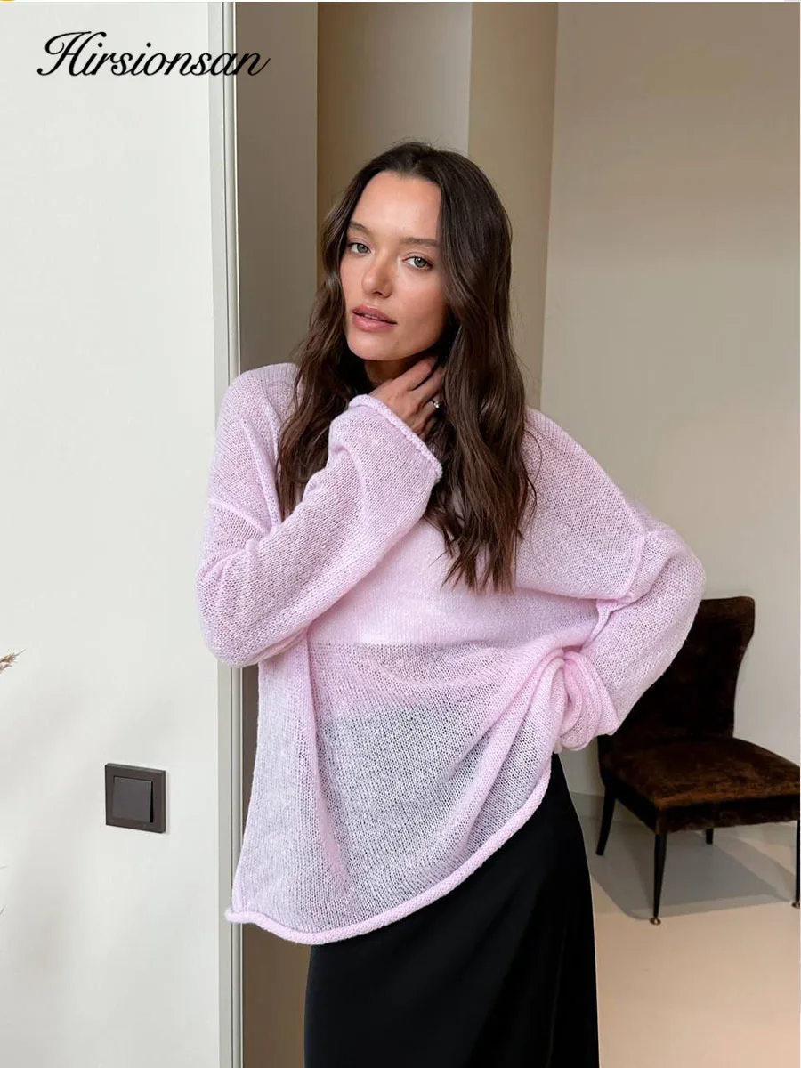 Hirsionsan Elegante Maglione Delle Donne 2024 di Estate Autunno Casual di Modo Allentato Pullover Delle Donne Chic Rosa Bianco Maglione Sueter Mujer