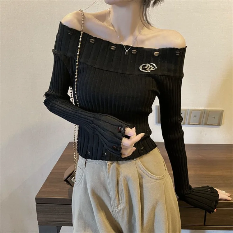 Old One-shoulder Sweater for Women's Autumn New Slim Base French Top