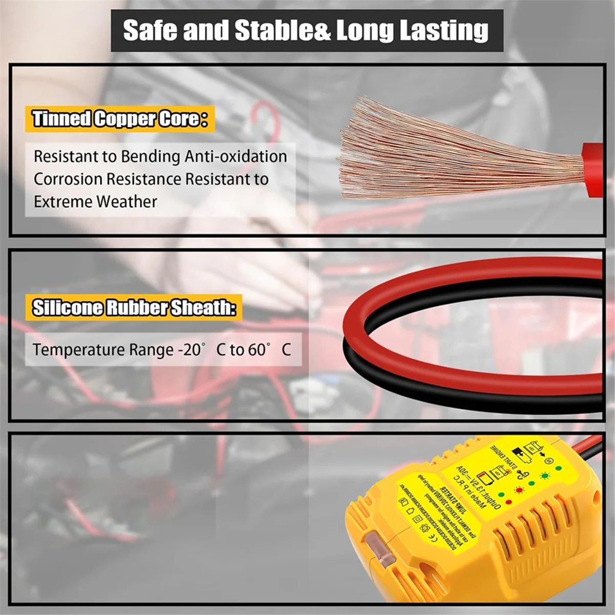 محول بدء تشغيل السيارة DQ2G لـ DeWalt 20 فولت 60 فولت مع كابلات توصيل مع بطاريات، 11 مقياس بطارية السيارة كاتب الانتقال