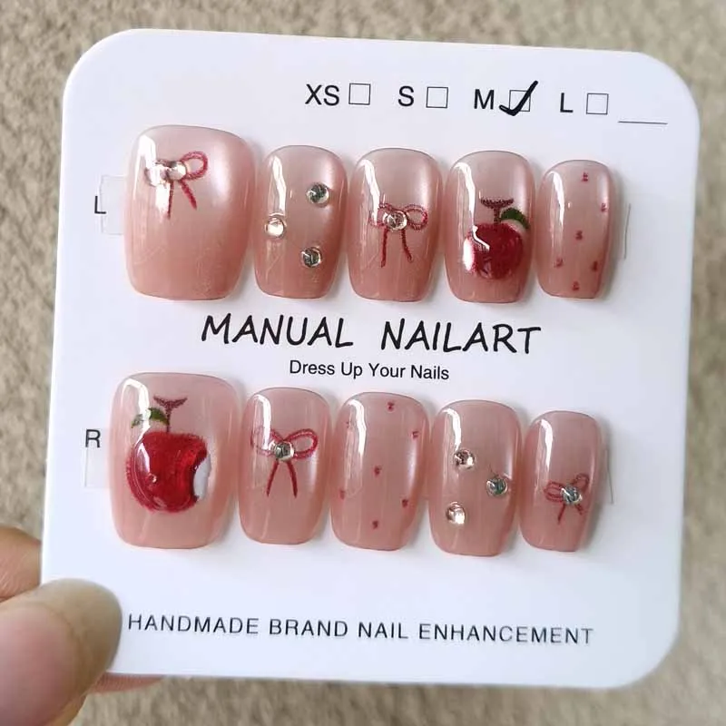10Pcs Women Cute Little Apple Handmade Press on Nails Red Bowknot Short Style Finger Princess Waterproof Ankola Red Fake Nails