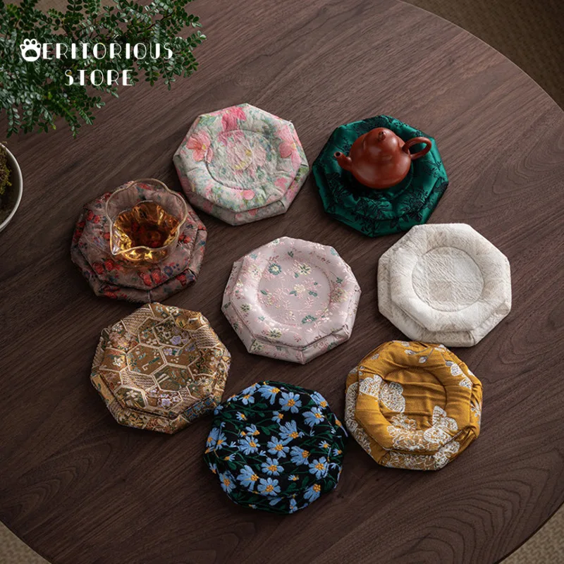 الوقايات الصينية الأصلية الجديدة زن أغنية الديباج قاعدة أكواب شاي قواعد أكواب مثمنة لتغطية حامل الكأس اليدوية أسفل الوعاء #1