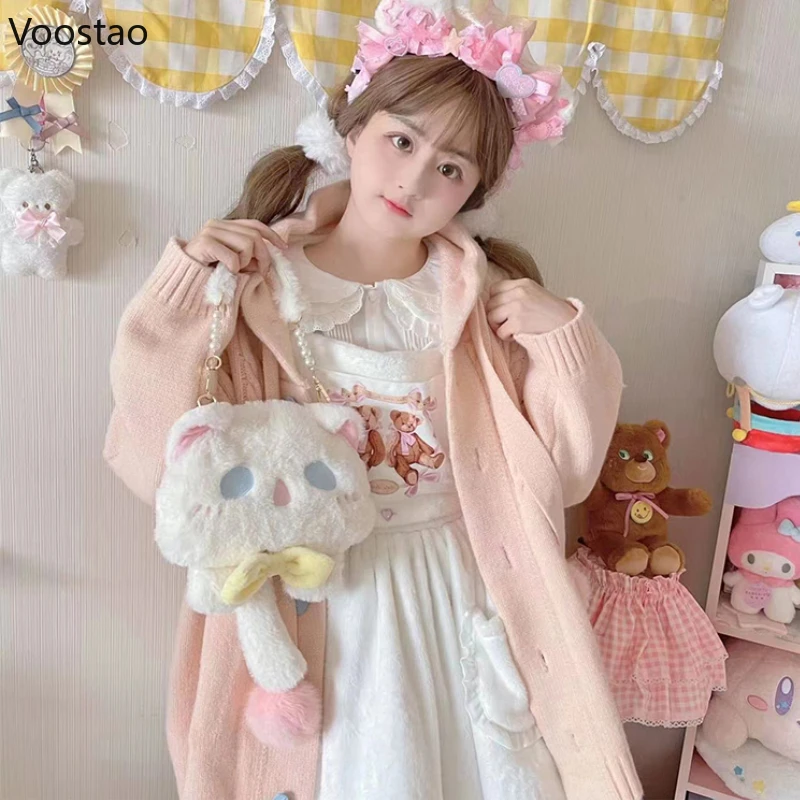 Japanese Cute Lolita Knitted Cardigan Women Harajuku Kawaii Pink Hooded Long Sweater Coat Girls Sweet Loose Pocket Knitwear Tops