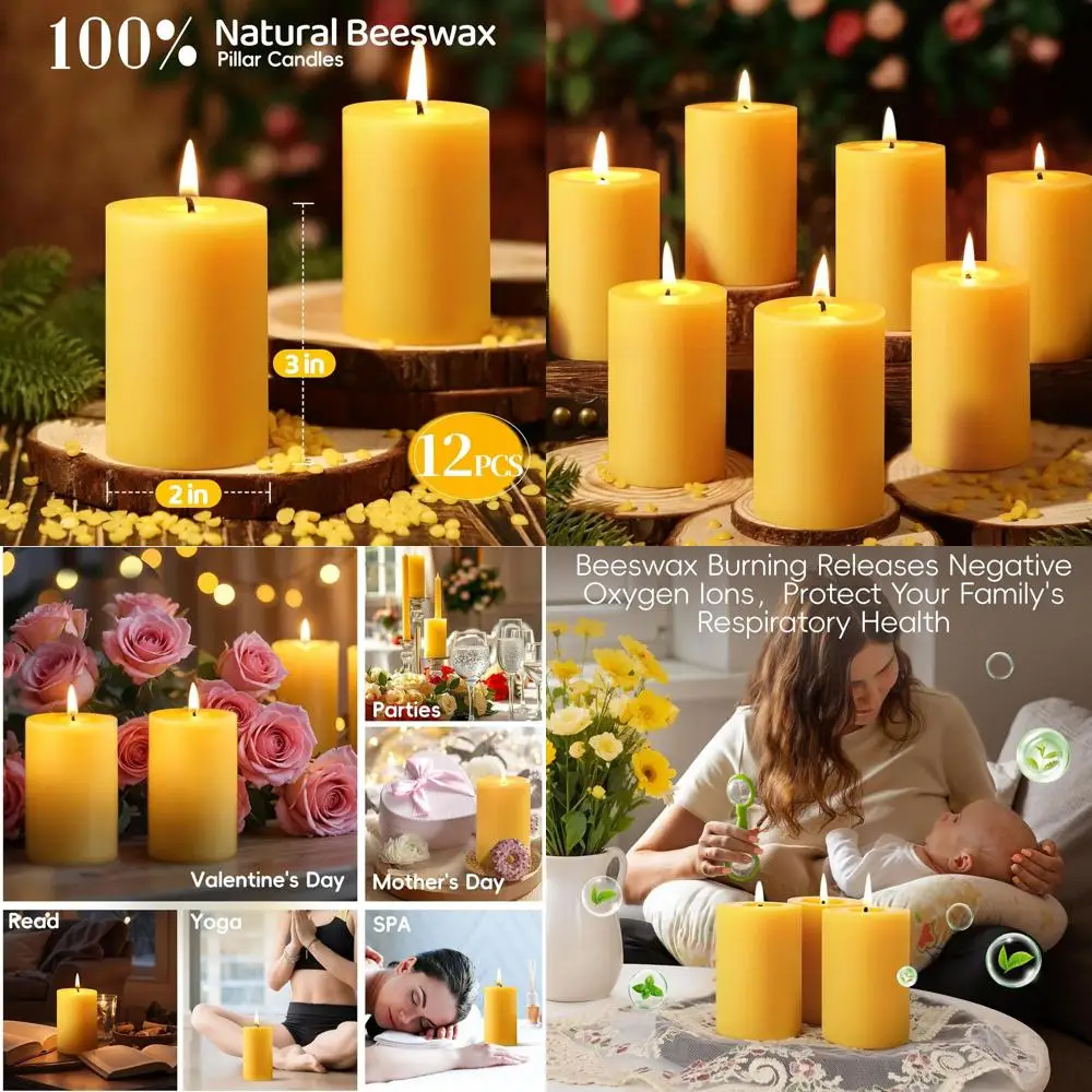 

12 Pack Natural Beeswax Pillar Candles,100% Pure Beeswax Candles-384 Hours Long Burning,Unscented Bees Wax Candles for Home,Pray