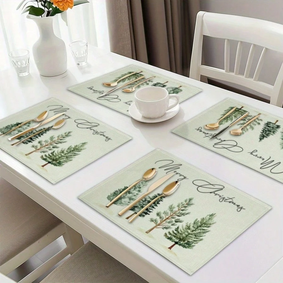 2/4/6 Pcs Christmas Tree Printed Linen Placemats | Fashionable Table Mats | Home Decor for Dining Table (Flat Print)