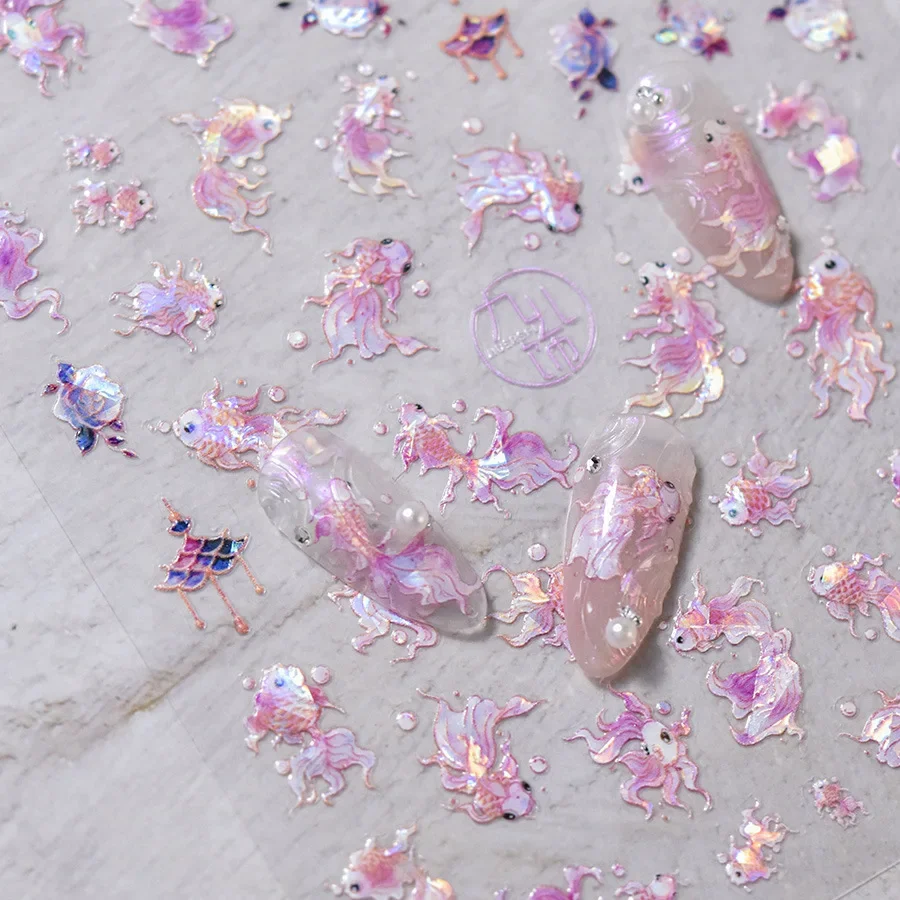 

Gold Pink Red Blue Koi Carp Dragon Nail Stickers Shell Fragmented Light Flash Nail Art Decal Special Design Manicure Tool T-3320