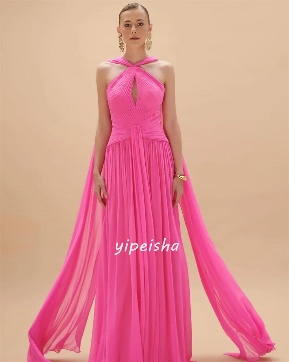 Customized Modern Style Chiffon Draped Pleat Ruched A-line Halter Long Dresses Celebrity Dresses Classic Exquisite Chinese Style