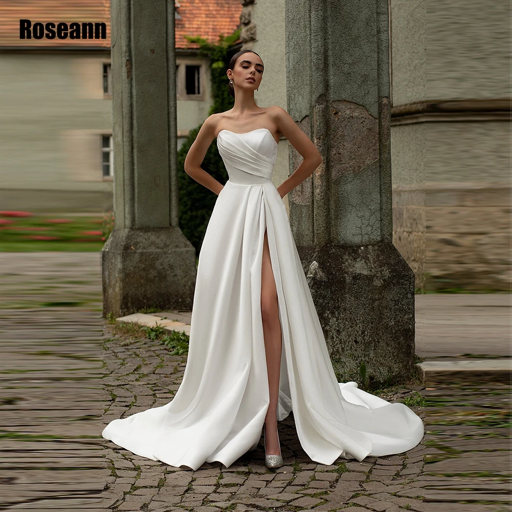 

Sexy High Slit Wedding Dresses For Women Simple Strapless Pleats Bridal Gowns Classic Zipper Back A Line robe de mariée 2024