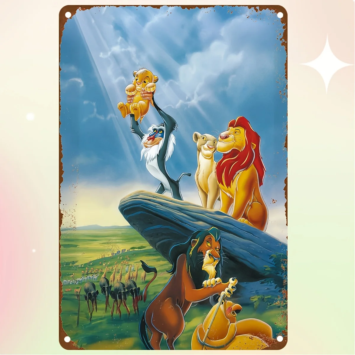 Plano 2D, 1 pieza, letrero de hierro con diseño del Rey León, estilo tradicional, 11,81x7,87 pulgadas, multiusos, no requiere electricidad, salvado de Disney