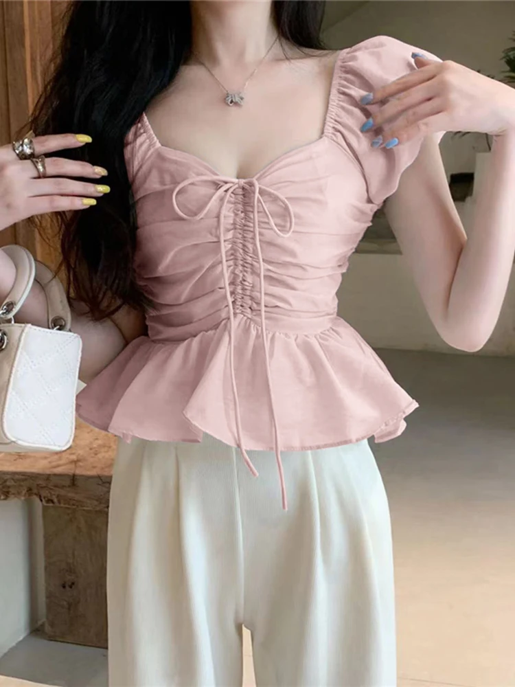 Blouse Women Sweet Ruffles Flying Sleeve Square Collar Lace Up Slim Crop Tops Chic Elegant Female Shirts Casual Fashion