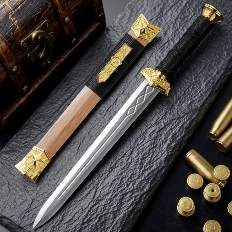 Short Sword Replica Novelty Craft Sword Twisted Pattern Folded Steel Blade Silver Zinc Alloy Fittings & Ebony Wood Scabbard - view 6