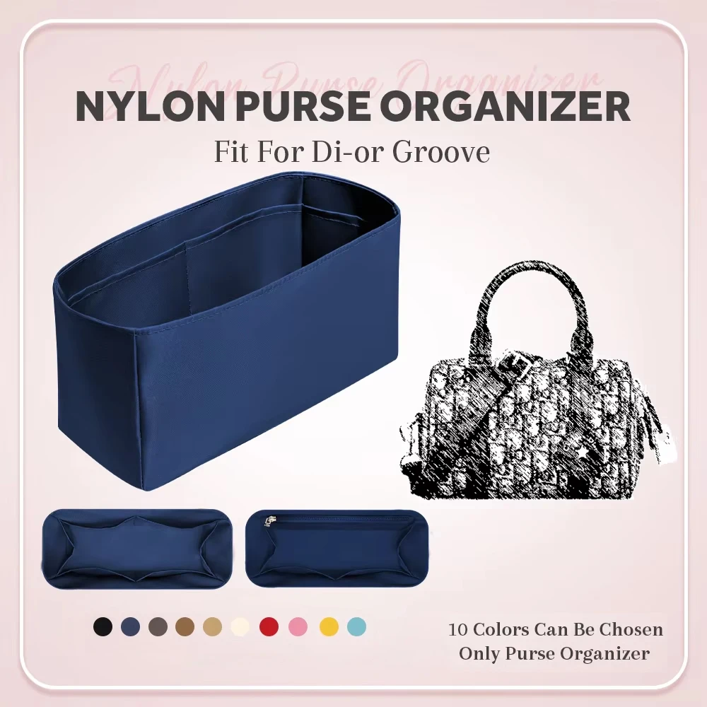 Nylon Purse Organizer Insert, Inner Zipper Bag Organizer Insert Fit for Di-or Groove 16/20/25 Handbag Slim Inside Storage Insert