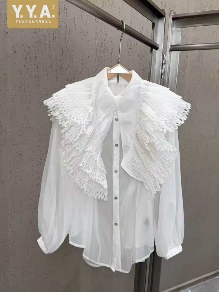 

Summer French Style Ladies Office Lace Ruffled Single Breasted Shirts Loose Long Sleeves Patchwork Elegant Fashion Womens Tops