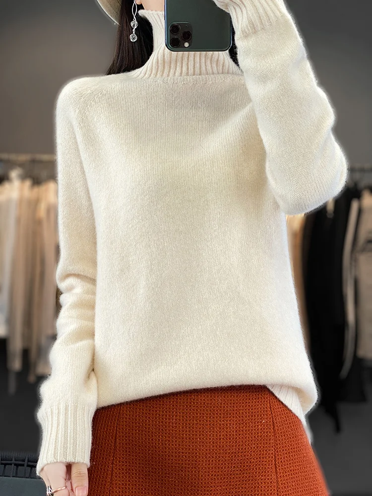 Aliselect Sweater Pullover wanita, atasan Jumper dasar rajut kasmir, Turtleneck Solid wol untuk musim gugur dan musim dingin 100%