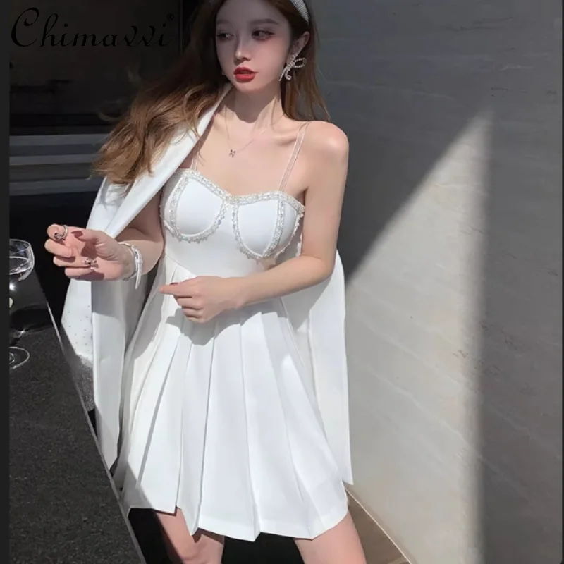 French Elegant Heavy Industry Diamond Beaded Loose Blazer Dresses High Waist Slim Fit White Pleated Sling Short Suit Dress Women