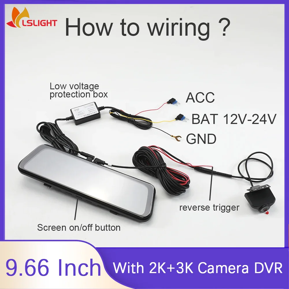 Car Rearview Mirrior 9.66 Inch Touch Screen With 2K+3K Camera DVR HD Night Vision G-Sensor Dual Core High Efficiency Processor