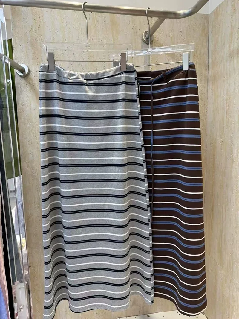 تنورة قصيرة كورية مخططة بألوان متباينة برباط على شكل حرف a للنساء صيفية فضفاضة للتخسيس تنانير طويلة غير رسمية