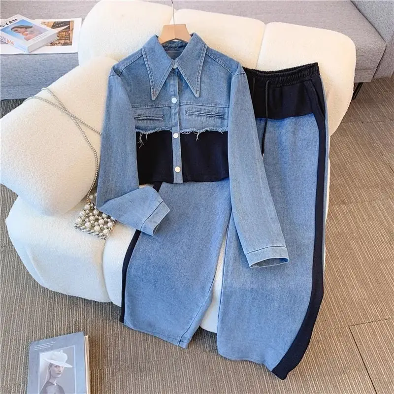 2024 Vintage Women Patchwork Denim Jacket Pant Sets Long Sleeve Cropped Coat+High Waist Wide Leg Pants Streetwear Suit Female