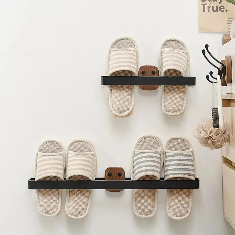 Black Aluminum Bathroom Slippers Rack Towel Wood Rack Towel Bar Wall - mounted Toilet Slippers Storage Rack Bathroom Hardware