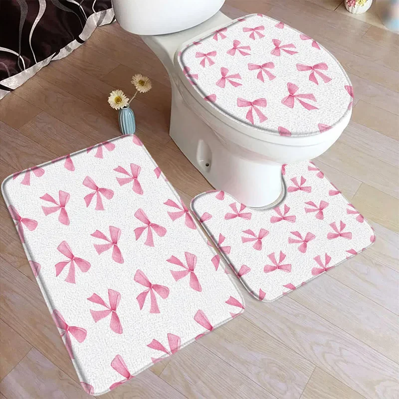 Pink Bowknot Bath Mat Set Watercolour Bow-tie Fashion Girls Home Carpet Non-Slip Bathroom Decorative Floor Rugs Toilet Lid Cover