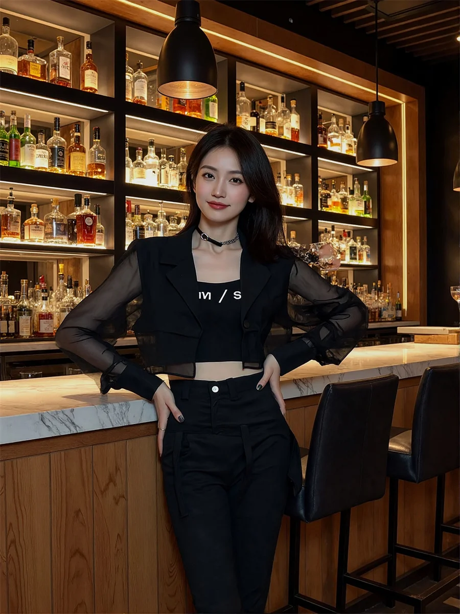 

Sun-proof Cropped See-through Back-Slit Blazers For Woman With Designs Clothes Women Autumn French-Style Fashion Vintage Chic OL