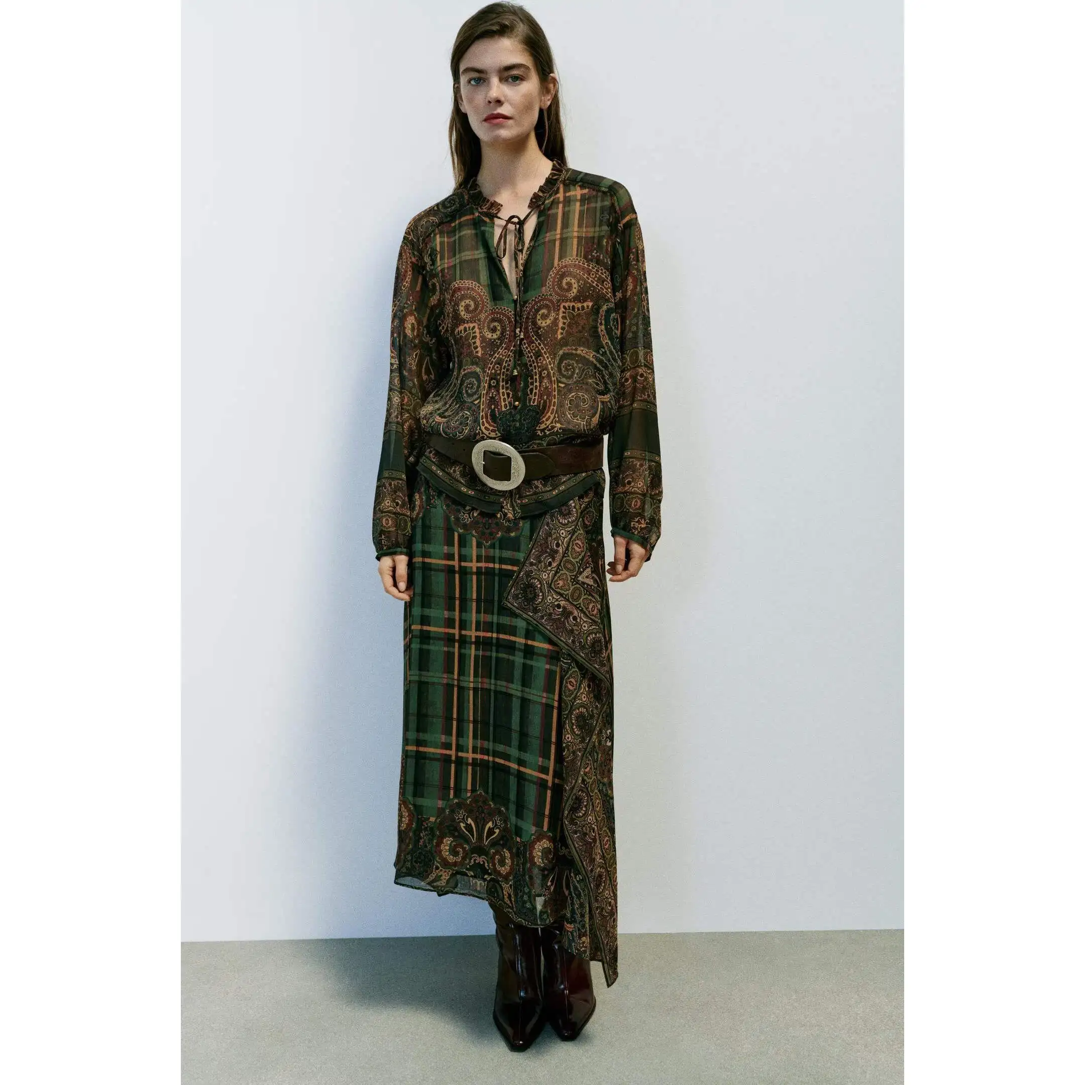  Knot Print Blouse And Half Skirt Two-Piece Set Women's Fashion Autumn Collection No Brand Label Student Uniform