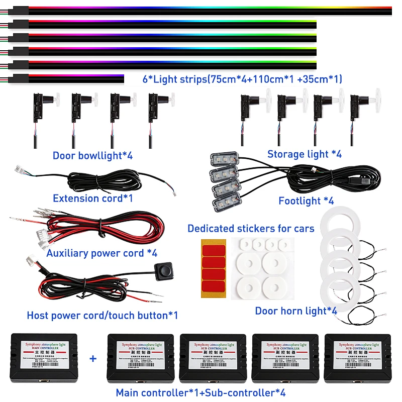 

22 in 1/18 in 1/14 in 1/6 in 1 Car Ambient Light Kit Interior Led Car Lights Symphony Led Strip Light RGB Music APP Control