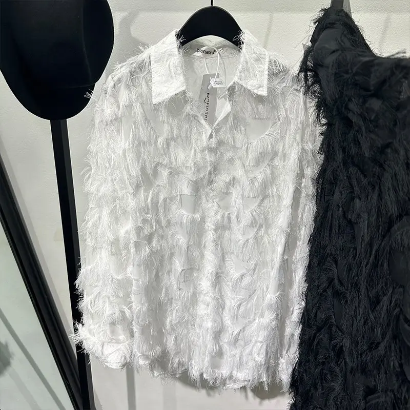 designer-inspired, hollowed-out avant-garde feather-printed loose long sleeves shirt, edgy and stylish, high-end top for both
