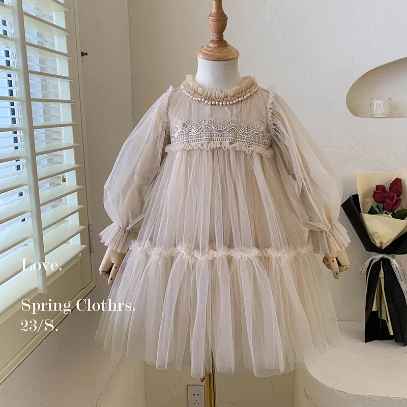 Girls Dress Spring and Autumn 2026 New Children's Baby Girl Foreign Lace Splicing Fluffy Yarn Princess Dress