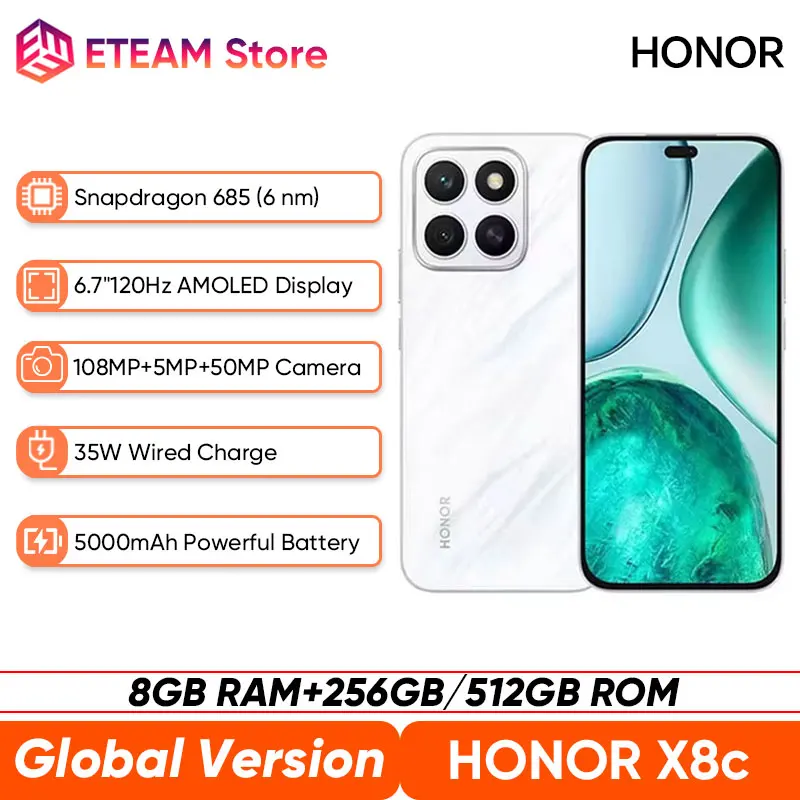 New Global Version HONOR X8c Smartphone Snapdragon 685 6.7'' 120Hz AMOLED Display 108MP Main Camera 5000mAh Battery 35W Charge